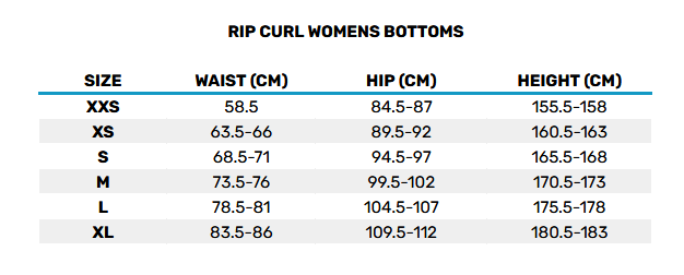 2025 Rip Curl Womens Bottoms  Size Chart